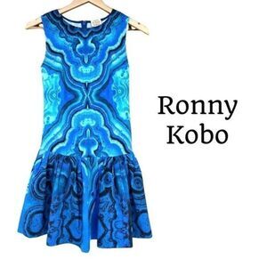 Torn By Ronny Kobo Digital Print Azure Shades of Blues and Greens Dress Sz S EUC